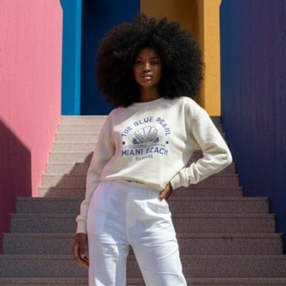 Maeve Anthropologie XL Blue Pearl Miami Beach Florida‎ Graphic Sweatshirt Cream - Picture 3 of 10